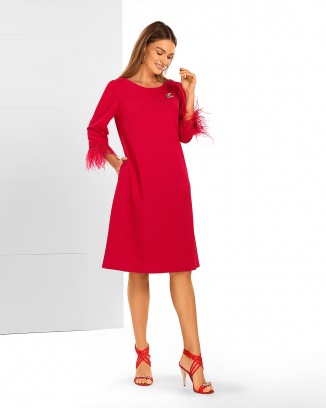 Paule Rotes elegantes Kleid mit Federn
