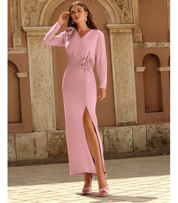 Arena Pudrowy Róż Długa Sukienka Z Długim Rękawem