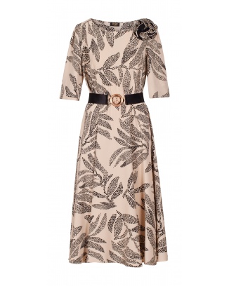 Ava Beige Midi Dress with Leaves
