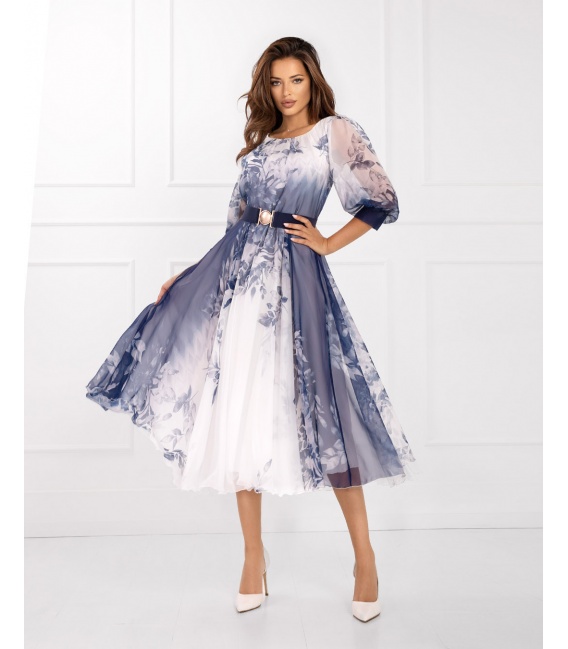 Sara Granat Kwiaty Elegancka Sukienka z Paskiem