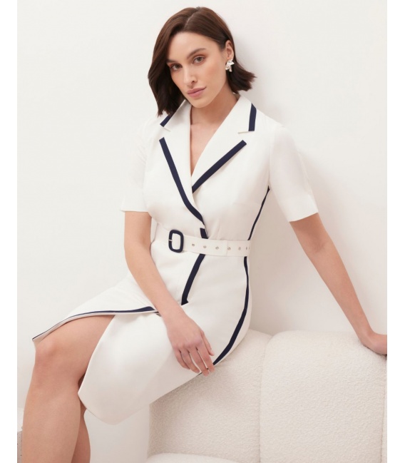 Marina Ecru Elegancka Sukienka z Paskiem