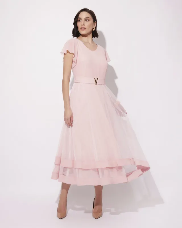 Meg Różowa Elegancka Zwiewna Sukienka Midi
