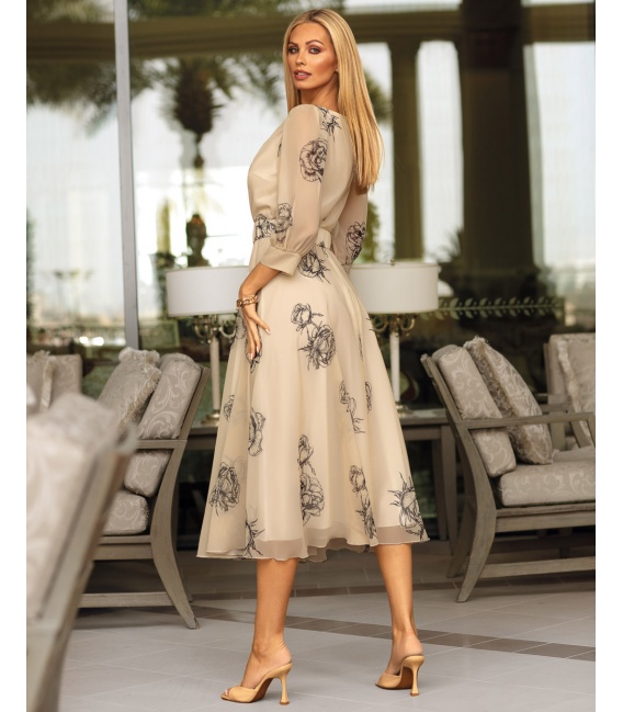 Sara Beżowa Elegancka Sukienka w Kwiaty