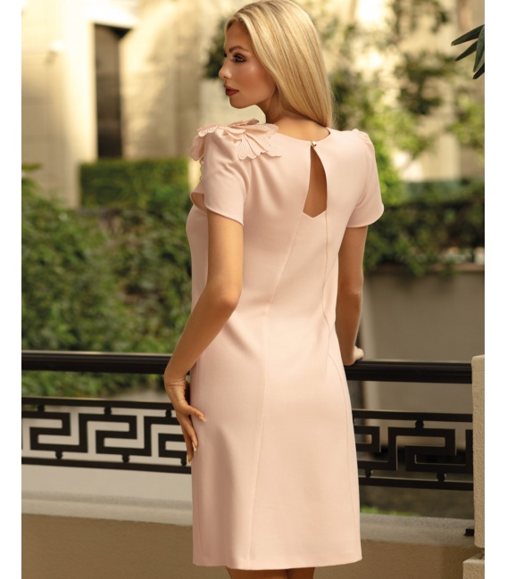 Asma Beż Klasyczna Sukienka z Kwiatem 3D