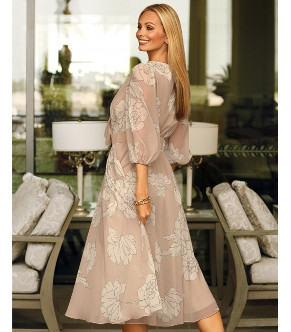 Naomi Beż Kwiaty Sukienka Midi z Paskiem