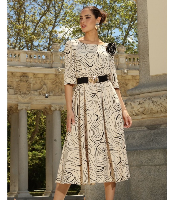 Ava Beżowa Labirynt Elegancka Sukienka Midi