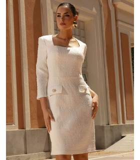 Layla Ecru Dopasowana Sukienka Typu Chanel