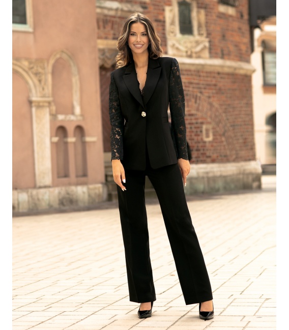 Cameron Czarny Garnitur z Koronkowym Rękawem
