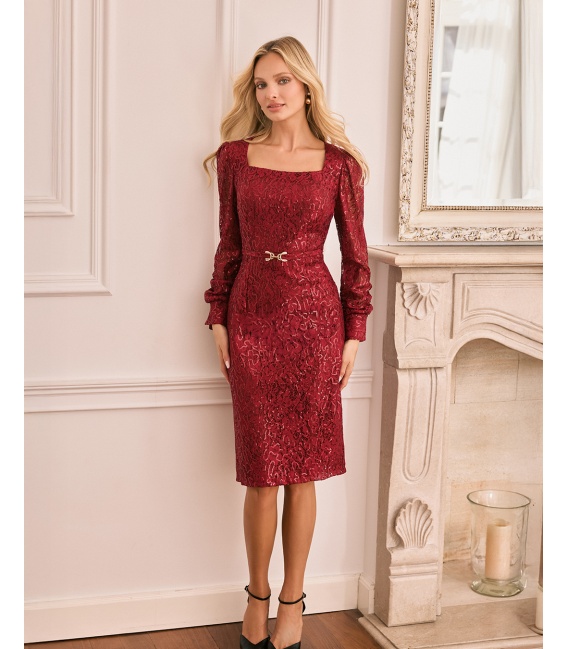 Ophelie Bordowa Sukienka z Koronki z Cekinami