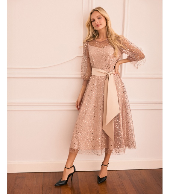 Tiana Złota Sukienka z Cekinami Midi