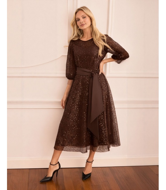 Tiana Brązowa Sukienka Midi z Cekinami