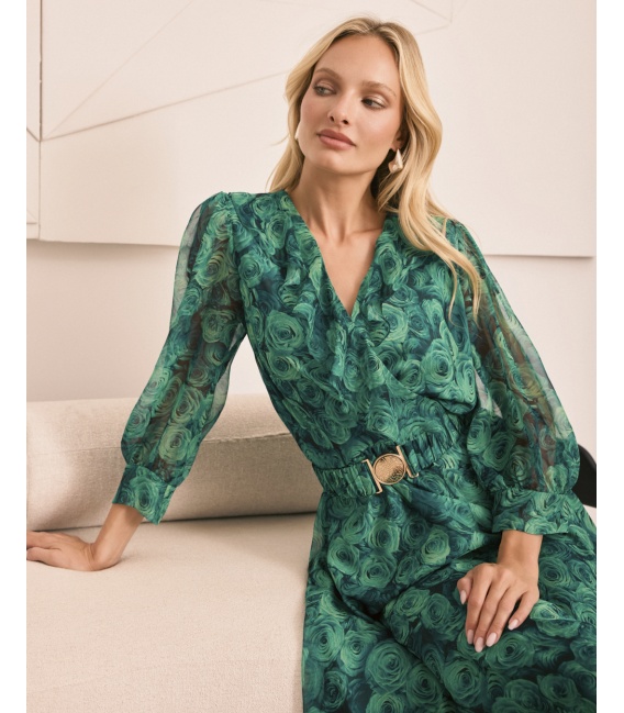 Naomi II Zielona Szyfonowa Sukienka w Róże