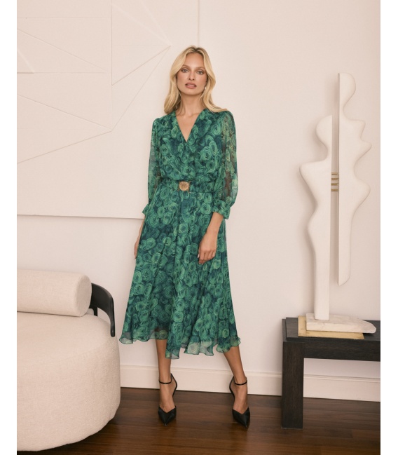 Naomi II Zielona Szyfonowa Sukienka w Róże