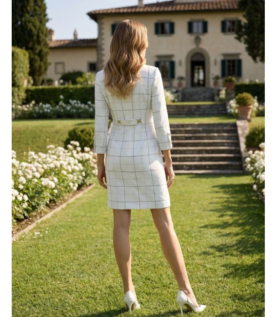 Panama Ecru Sukienka Marynarkowa w Kratę