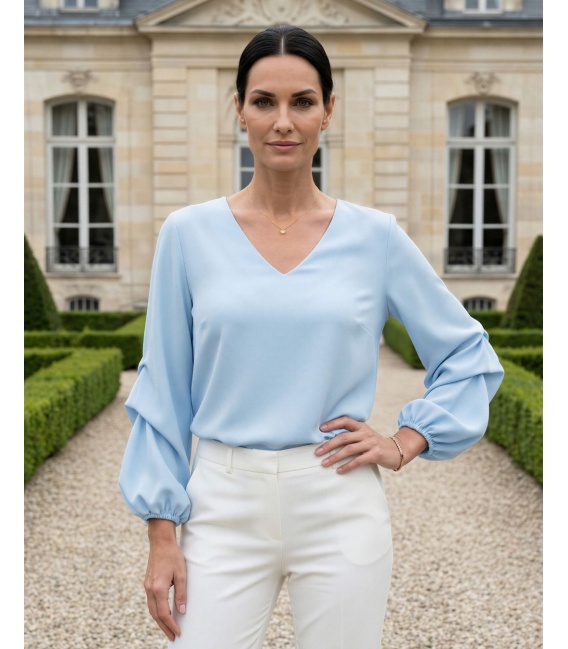 Salamanca Błękitna Elegancka Bluzka Z Dekoltem V