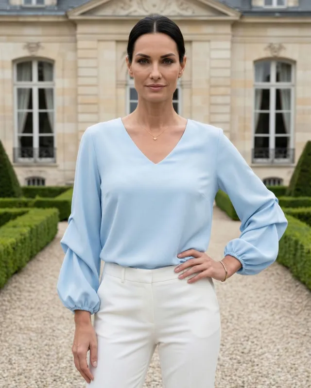 Salamanca Błękitna Elegancka Bluzka Z Dekoltem V