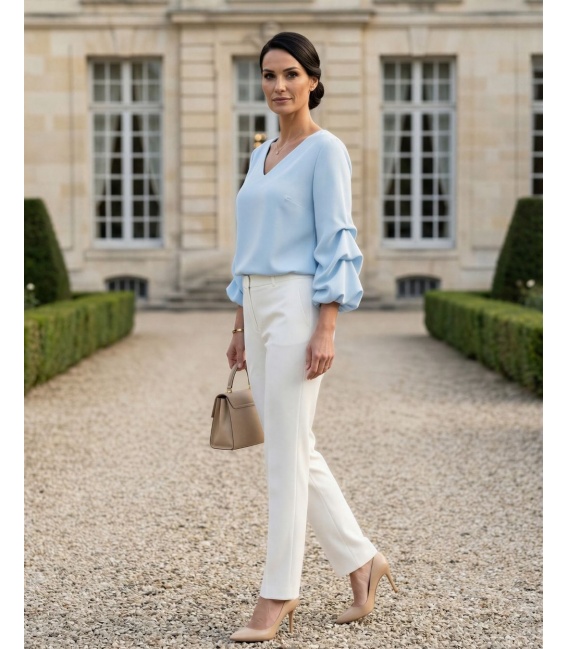 Salamanca Błękitna Elegancka Bluzka Z Dekoltem V