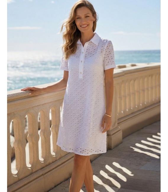 Corfu Biała Sukienka z Tkaniny Richelieu