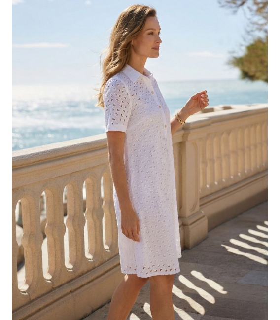 Corfu Biała Sukienka z Tkaniny Richelieu