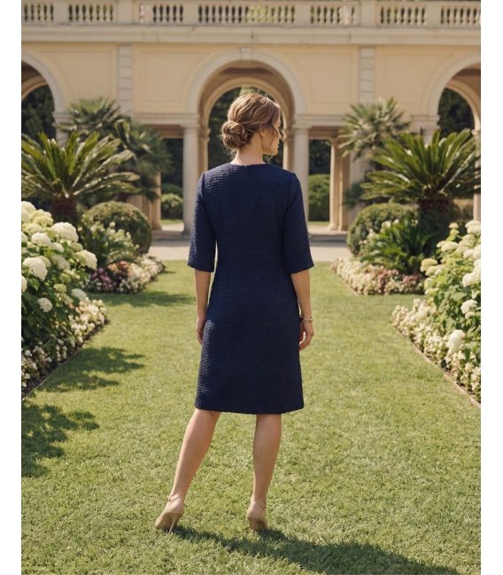 Flo Granatowa Elegancka Sukienka z Tkaniny Bouclé
