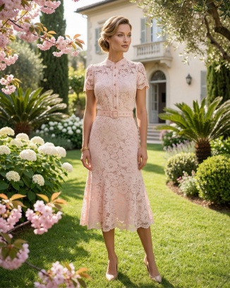 Rosalie Różowa Sukienka z Koronki Midi