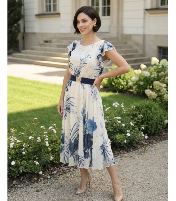Ella Ecru Modna Sukienka w Kwiaty