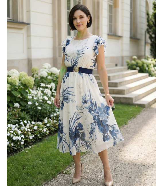 Ella Ecru Modna Sukienka w Kwiaty