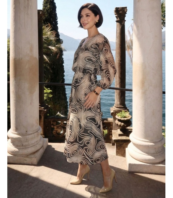 Sukienka Midi z Długim Rękawem Hawa Beż Labirynt 