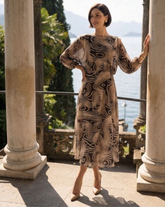 Sukienka Midi z Długim Rękawem Hawa Beż Labirynt 