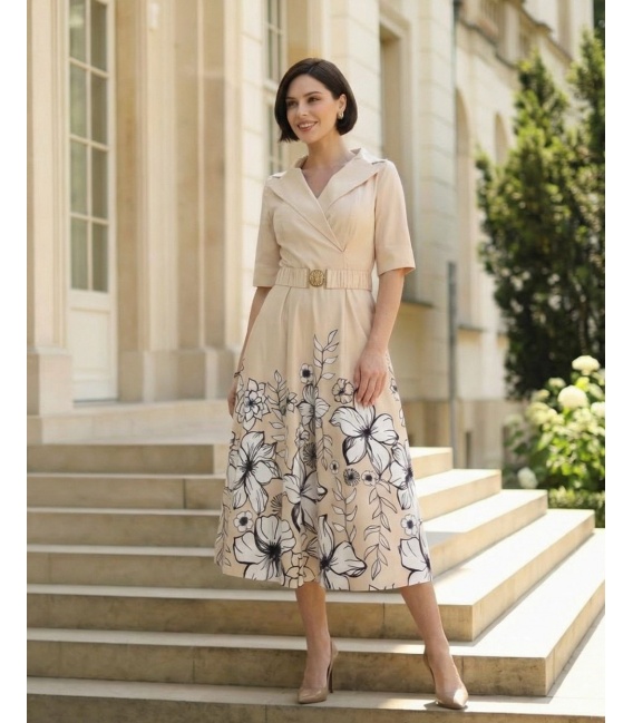 Charlotte Beż Wieczorowa Sukienka w Kwiaty