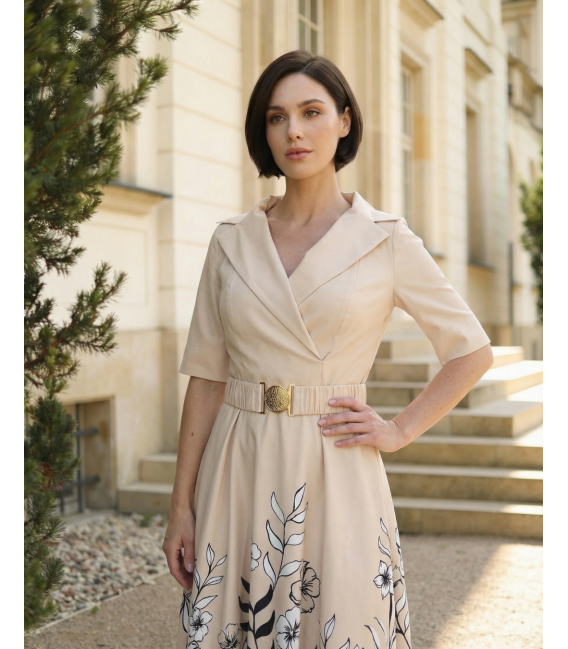 Charlotte Beż Wieczorowa Sukienka w Kwiaty