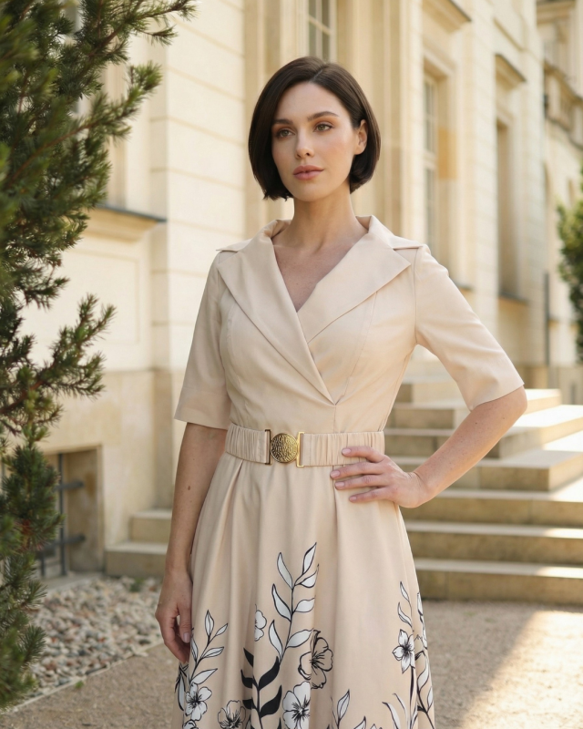 Charlotte Beż Wieczorowa Sukienka w Kwiaty