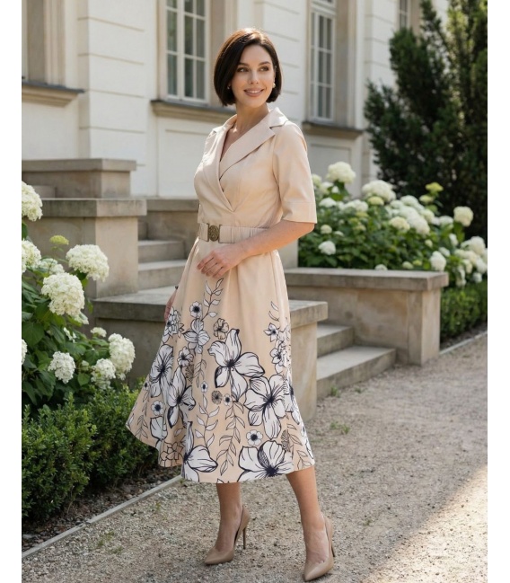 Charlotte Beż Wieczorowa Sukienka w Kwiaty