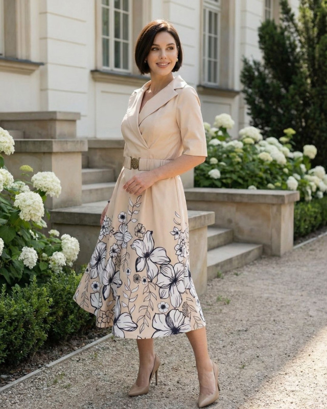 Charlotte Beż Wieczorowa Sukienka w Kwiaty
