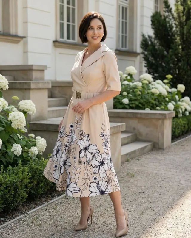 Charlotte Beż Wieczorowa Sukienka w Kwiaty