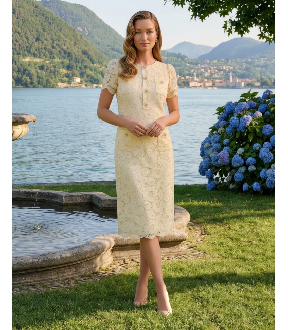 Elena Żółta Elegancka Sukienka z Koronki