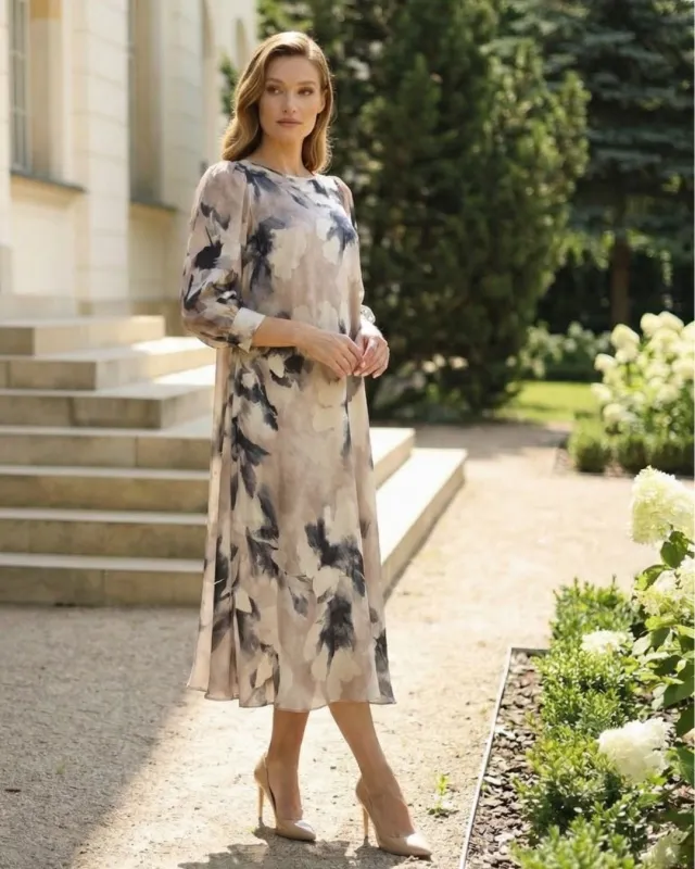 Janna Beż Elegancka Sukienka z Jedwabiu