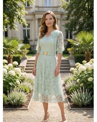 Edna Pistacja Koronkowa Sukienka Midi
