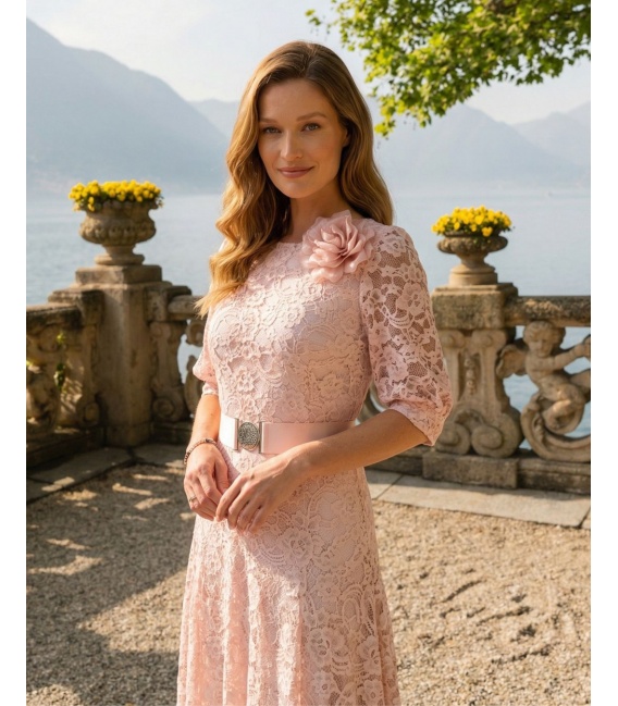 Dafne Różowa Sukienka Midi z Koronki