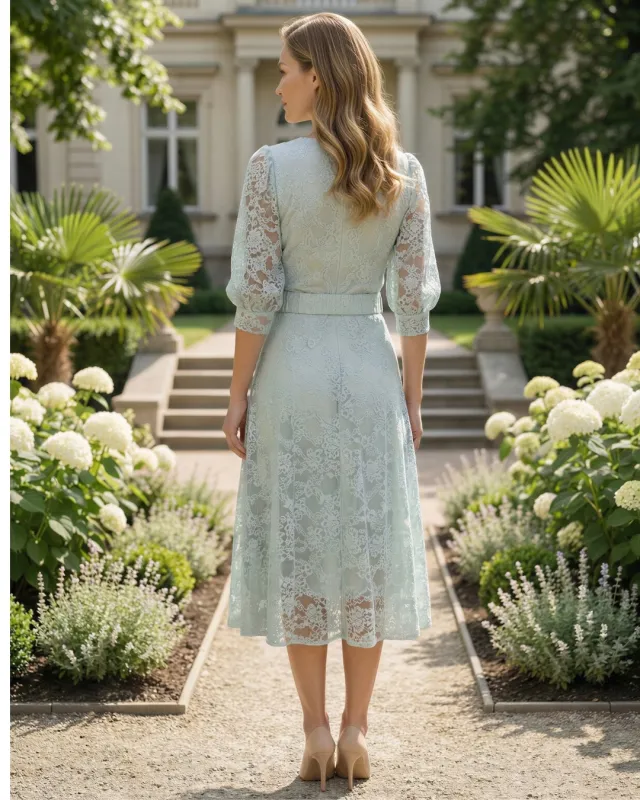 Edna Pistacja Koronkowa Sukienka Midi