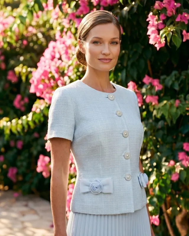 Evelyn Błękitny Elegancki Komplet Damski z Plisowaną Spódnicą