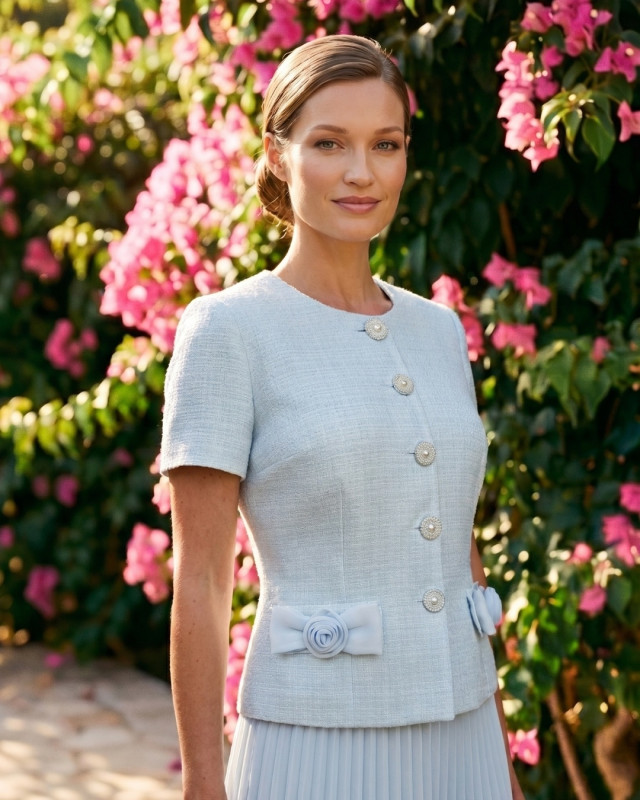 Evelyn Błękitny Elegancki Komplet Damski z Plisowaną Spódnicą