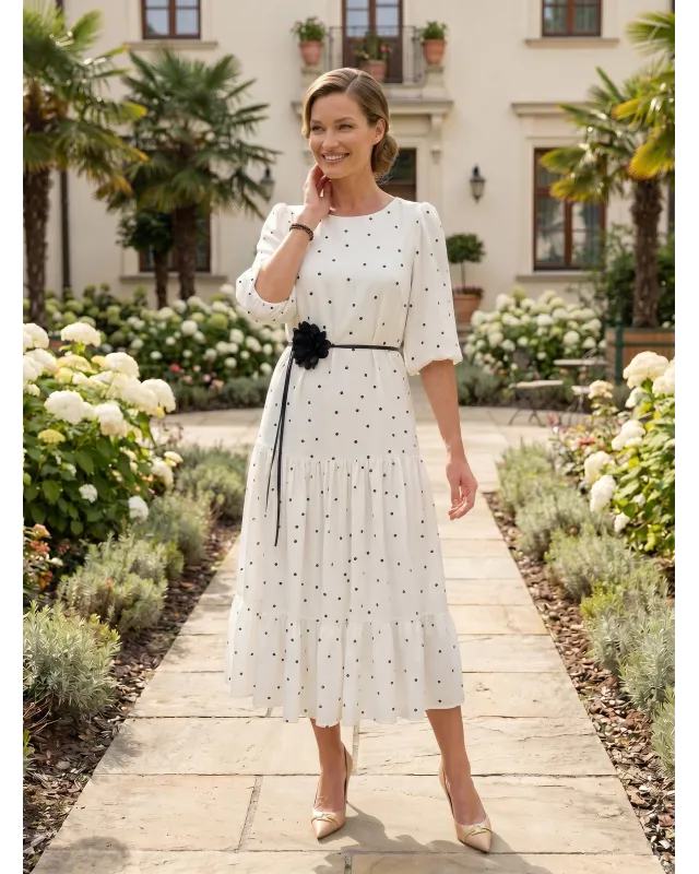 Filipa Ecru Elegancka Sukienka Midi z Kwiatem