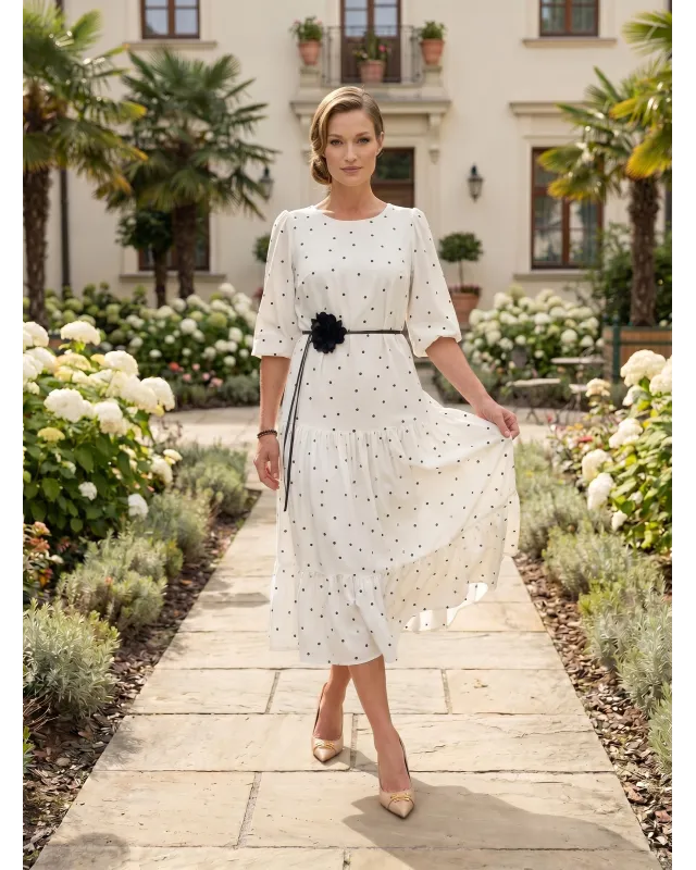 Filipa Ecru Elegancka Sukienka Midi z Kwiatem