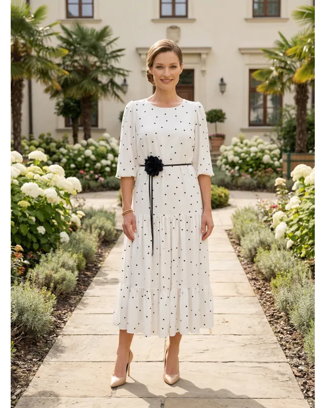 Filipa Ecru Elegancka Sukienka Midi z Kwiatem