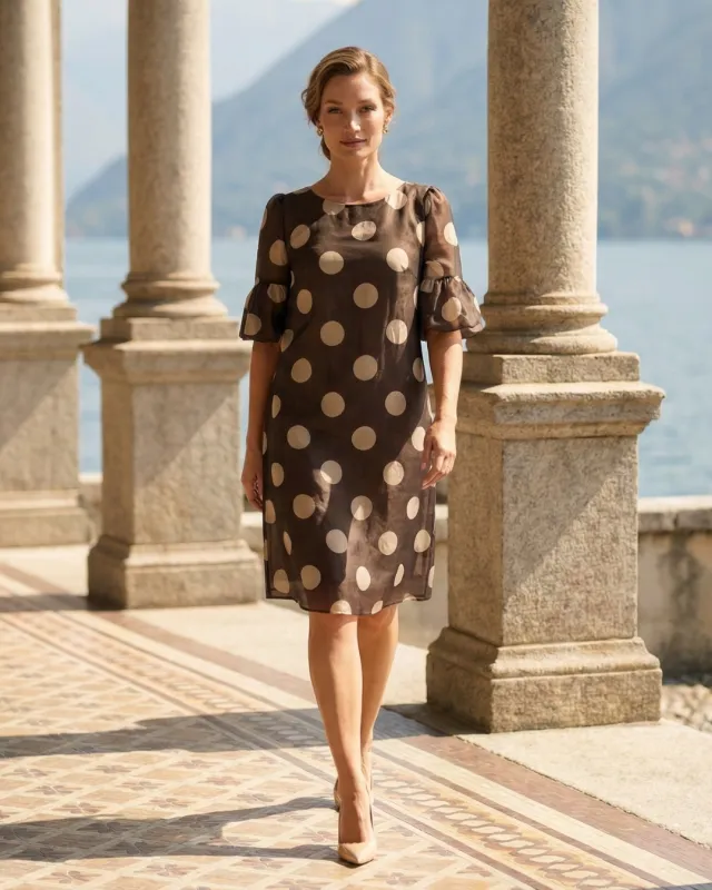 Ala Brąz Elegancka Sukienka Trapezowa W Grochy