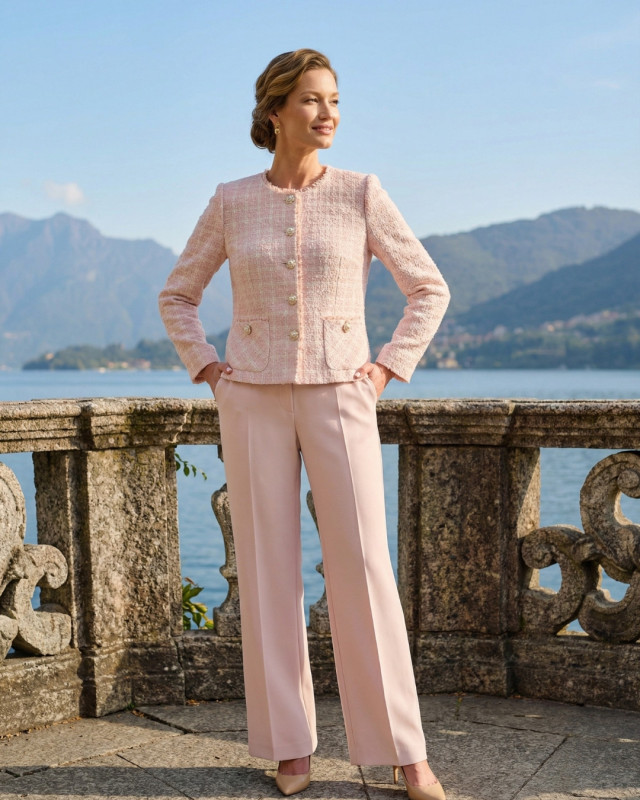 Set elegant de damă cu sacou Chanel și pantaloni – roz pudrat