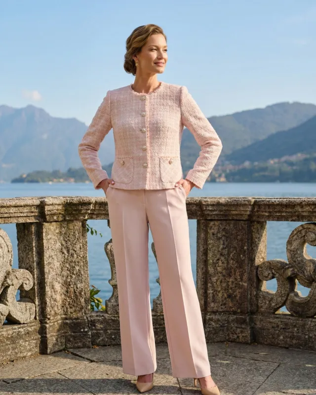 Elegantní dámský komplet se sakem ve stylu Chanel a kalhotami – pudrově růžový