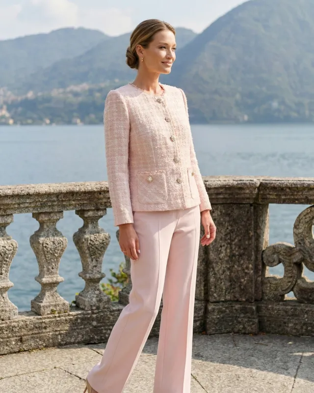 Elegantní dámský komplet se sakem ve stylu Chanel a kalhotami – pudrově růžový