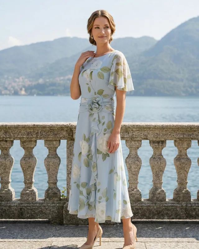 Rochie midi din șifon cu flori, cu trandafir în talie
